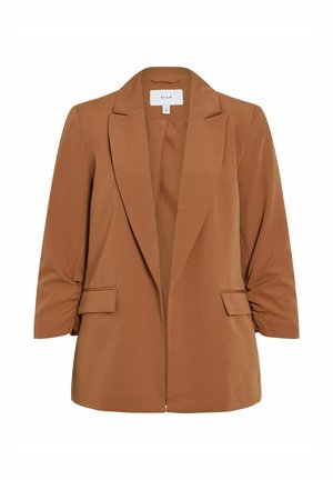 Blazer marrón con mangas largas, solapa de muesca y dos bolsillos frontales. Tejido suave, corte ajustado y diseño de frente abierto.