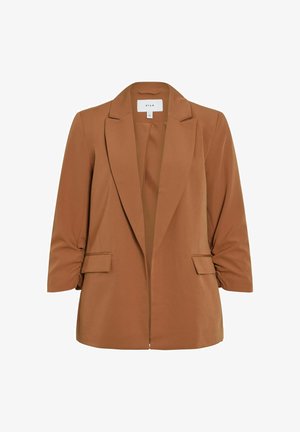 Bruine blazer met lange mouwen, een gekartelde revers en twee zijvakken. Glad materiaal, getailleerde pasvorm en open voorkant.