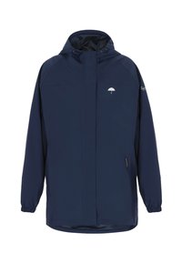 Vízálló sötétkék kabát kapucnival, rugalmas mandzsettákkal és elülső cipzárral. Kis esernyő logóval és oldalzsebekkel rendelkezik. Simább textúrájú.