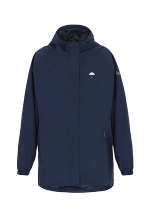 Wodoodporna granatowa kurtka z kapturem, elastycznymi mankietami i przednim zamkiem błyskawicznym. Posiada małe logo parasola oraz boczne kieszenie. Gładka faktura.