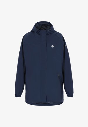 Vízálló sötétkék kabát kapucnival, rugalmas mandzsettákkal és elülső cipzárral. Kis esernyő logóval és oldalzsebekkel rendelkezik. Simább textúrájú.