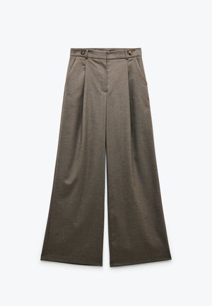 Graue weit geschnittene Hosen aus strukturiertem Material, mit zwei vorderen Knöpfen, Falten und einem hohen Taillendesign.