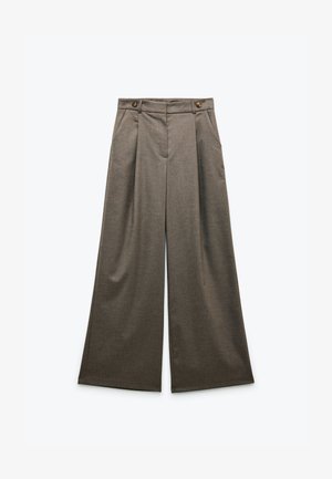 Gray wide-leg trousers made of textured fabric, featuring two front buttons, pleats, and a high waist design.
