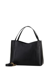 Schwarze Leder-Shopper-Tasche mit strukturiertem Finish, zwei langen Griffen, offenem Design und einem goldenen Verschluss an einem verstellbaren Tragegurt.