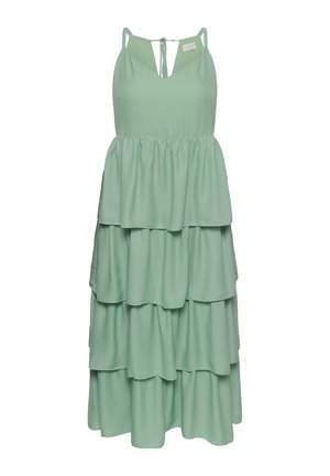 Mouwloze saliegroene gelaagde midi-jurk met spaghettibandjes en V-hals, met een geplooide taille en een striksluiting aan de achterkant.