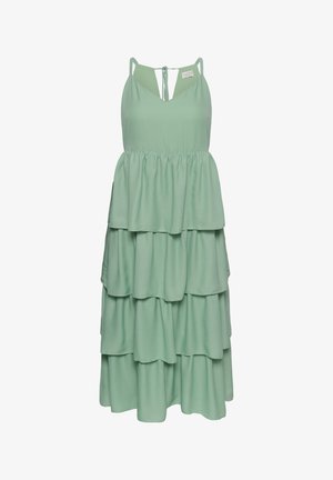 Mouwloze saliegroene gelaagde midi-jurk met spaghettibandjes en V-hals, met een geplooide taille en een striksluiting aan de achterkant.