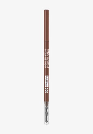 Crayon à sourcils marron avec une pointe fine et une brosse goupillon attachée. Présente un label blanc avec le nom du produit sur le corps.
