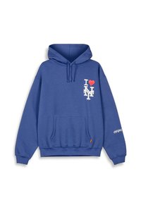 Sudadera de algodón azul con bolsillo tipo canguro en el frente, capucha con cordón y un gráfico de "I ❤️ NY" en el pecho, con "GRIMEY" en la manga.