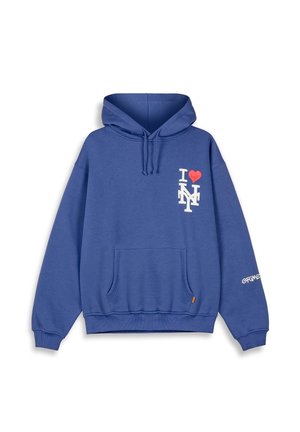 Sudadera de algodón azul con bolsillo tipo canguro en el frente, capucha con cordón y un gráfico de "I ❤️ NY" en el pecho, con "GRIMEY" en la manga.
