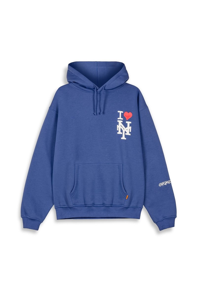 Sudadera de algodón azul con bolsillo tipo canguro en el frente, capucha con cordón y un gráfico de "I ❤️ NY" en el pecho, con "GRIMEY" en la manga.
