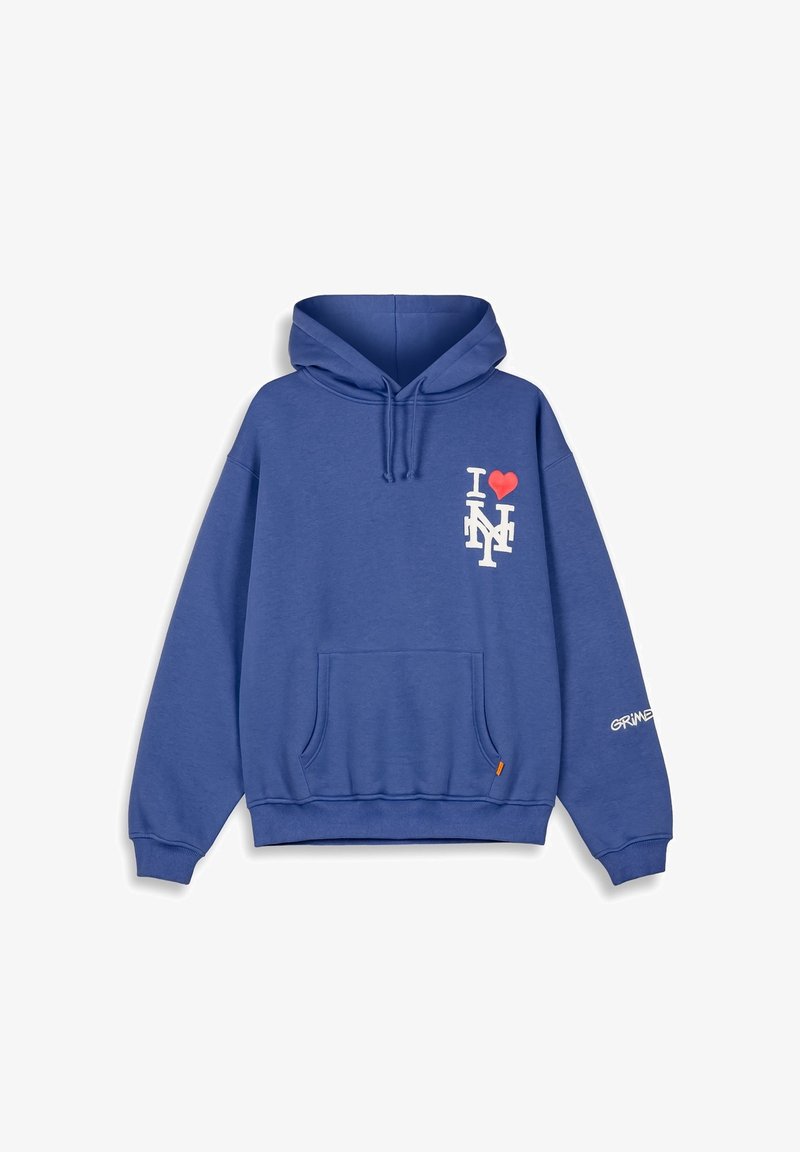 Sudadera de algodón azul con bolsillo tipo canguro en el frente, capucha con cordón y un gráfico de "I ❤️ NY" en el pecho, con "GRIMEY" en la manga.