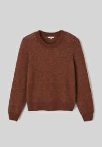 Pull en tricot marron avec un col rond, des manches longues et des bords côtes au bas et aux poignets. Texture douce et coupe légèrement oversize.