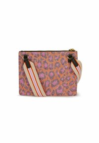 Umhängetasche mit Leopardenmuster in Orange, Pink und Lila, mit einem schwarzen Reißverschluss, goldenen Verzierungen und einem cremefarbenen Gurt mit rot-orangenen Streifen.