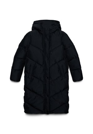 Cappotto invernale lungo nero imbottito con cappuccio, bottoni a pressione, due tasche frontali e linee di trapuntatura diagonali.