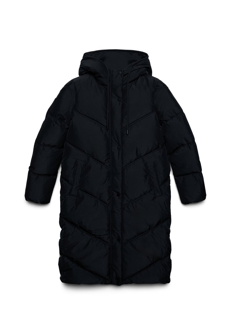 Cappotto invernale lungo nero imbottito con cappuccio, bottoni a pressione, due tasche frontali e linee di trapuntatura diagonali.