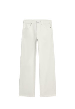 Hvide bukser med lige ben, forrest med knap, lynlås lukning, bæltestropper og femlommet design.