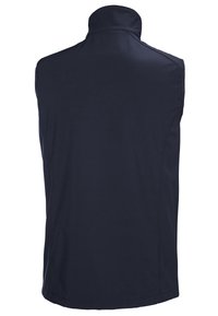 Marineblaue ärmellose Weste mit hohem Kragen, aus glattem Stoff gefertigt, mit einem schlichten, eleganten Design und ohne sichtbare Beschläge.