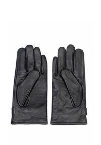 Czarne skórzane rękawiczki o gładkiej fakturze, z pięciopalczastym designem i miękkim wyściółką. Zawierają mały mankiet przy nadgarstku dla dopasowania.