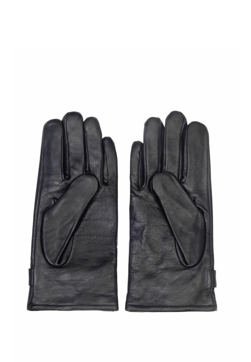 Czarne skórzane rękawiczki o gładkiej fakturze, z pięciopalczastym designem i miękkim wyściółką. Zawierają mały mankiet przy nadgarstku dla dopasowania.