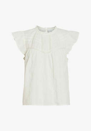 Blouse blanche à manches courtes avec des manches volantées, des détails en dentelle autour de la poitrine et une texture subtilement ponctuée sur tout le tissu.