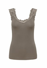 Brun tanktop med spidsesøm langs udskæringen og stropperne. Materialet er glat med en tætsiddende form og en blød tekstur.
