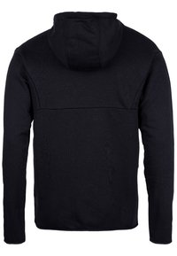Felpa nera con cappuccio e maniche lunghe, realizzata in un tessuto strutturato, con un design posteriore semplice senza loghi o motivi visibili.