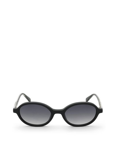 Black oval sunglasses with gradient dark lenses and slightly curved black temple arms on a white background.