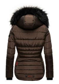 Brown quilted puffer jacket featuring a prominent black fur-trimmed hood, elastic cuffs, and a large back pocket with a red logo accent.