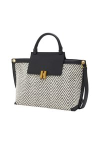 Borsa strutturata con motivo a spina di pesce in crema e nero. Presenta una patta in pelle e dettagli in pelle, accessori in oro e doppi manici.