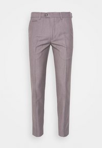 Pantalon habillé gris clair en tissu tissé, avec une coupe ajustée, des jambes droites et une fermeture à un bouton avec passants pour ceinture.