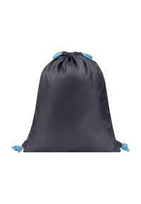 Stahovací taška v tmavě šedém nylonu s modrými akcenty, obsahující nařasený vrch, strukturální povrch a kontrastní šňůrkové detaily.