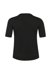 Top negro de manga corta, con un cuello redondo, textura suave y un dobladillo recto. Diseño simple sin patrones ni adornos.