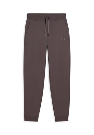 Pantalon de survêtement marron en tissu doux, doté d'une taille élastique avec cordon de serrage, de poches latérales et de poignets côtelés aux chevilles. Détail logo subtil.