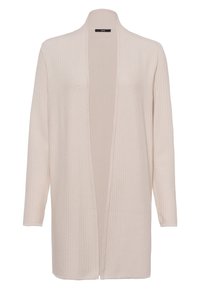 Cardigan beige aperto realizzato in tessuto a maglia testurizzato. Caratterizzato da maniche lunghe e una vestibilità rilassata con un sottile motivo a nido d'ape.