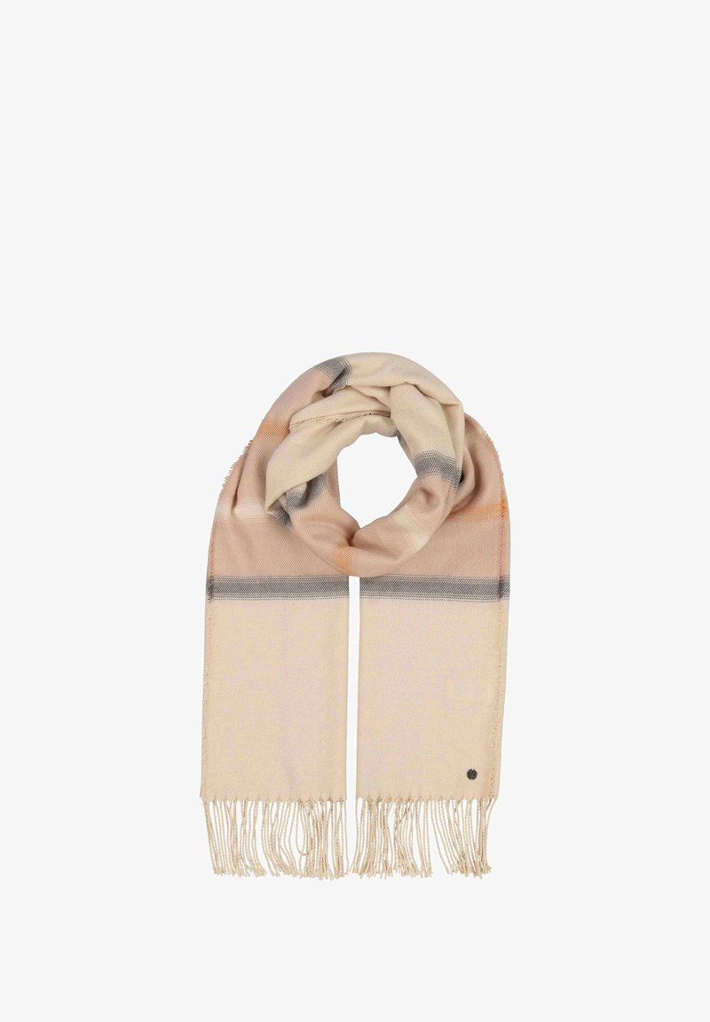 Écharpe beige en tissu doux, ornée de rayures grises horizontales et de franges aux extrémités. Design en boucle circulaire.