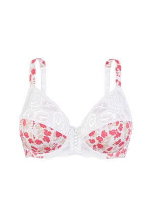 Witte bloemen bh met een roze en beige bloemenpatroon, kantafwerking en decoratieve sluiting aan de voorkant. Verstelbare schouderbanden zijn ook wit.