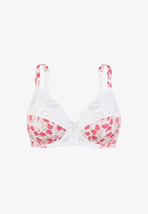 Reggiseno bianco con motivo floreale rosa e beige, bordo in pizzo e chiusura frontale decorativa. Le spalline regolabili sono anch'esse bianche.