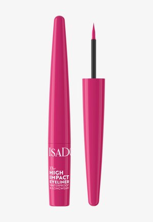 Eye-liner liquide rose vif avec un applicateur pinceau fin et le texte "High Impact Eyeliner Waterproof & Longwear" sur le contenant.