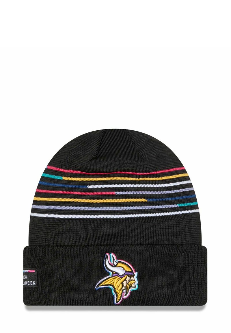 Schwarze Strickmütze mit horizontalen, mehrfarbigen Streifen und einem gestickten Wikinger-Logo am umgeschlagenen Saum. Weicher Stoff, warmes Design.