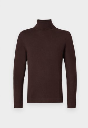 Mørkebrun genser med lange ermer og høy hals, med slim fit, vist mot en enkel hvit bakgrunn.
