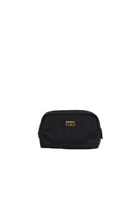 Bolsa de maquillaje de nailon negro con forma redondeada, que presenta un logo dorado "BIMBA Y LOLA" en la parte frontal y un cierre de cremallera en la parte superior.