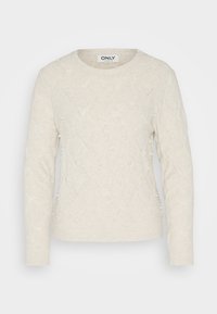 Kremo spalvos megztinis su apvaliu kaklu, deimanto raštu ir papuoštas mažomis perlų detalėmis. Pagamintas iš minkštos, tekstūruotos mezgalų medžiagos.