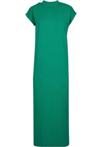 Robe longue verte à manches courtes avec poignets retroussés, col rond montant et coupe droite, décontractée.