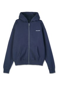 Navy blue zip-up hoodie featuring a hood, front pockets, ribbed cuffs, and a small "PEGADOR" logo on the left chest. Soft material texture.