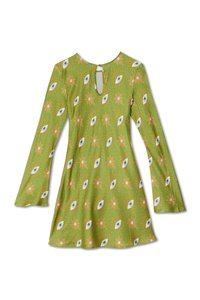 Πράσινο φόρεμα από ελαφρύ ύφασμα, με άνοιγμα στην πλάτη σε σχήμα κλειδιού, μακριά φαρδιά μανίκια και σχέδιο με μάτι και λουλούδια σε όλο το ύφασμα.