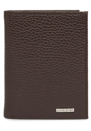 Brown leather wallet with a pebbled texture, featuring a silver hardware accent labeled "LANCASTER" at the bottom right corner.