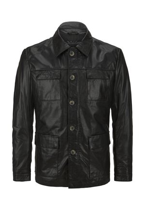 Schwarze Lederjacke mit Knopfleiste, vier Taschen, klassischem Kragen und einer glatten, strukturierten Oberfläche.