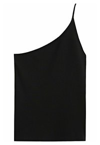 Top nero senza maniche con scollatura asimmetrica, realizzato in tessuto liscio e dalla silhouette aderente. Design semplice e minimalista.