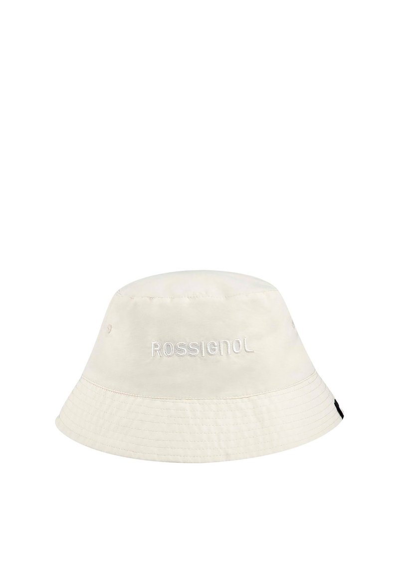 Cappello a secchiello in tessuto crema con una morbida texture. Presenta la scritta "ROSSIGNOL" ricamata in bianco, una corona arrotondata e una ampla visiera.