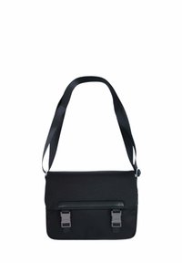Borsa a tracolla nera realizzata in tessuto liscio, con chiusura a pattina, due fibbie in metallo e una lunga tracolla regolabile.